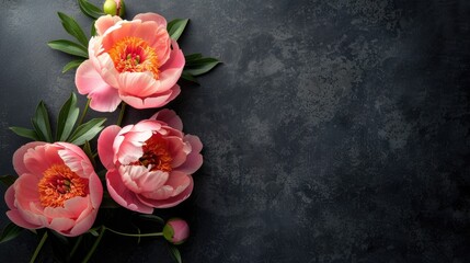 Poster - Peony flowers on black background with space for text top view