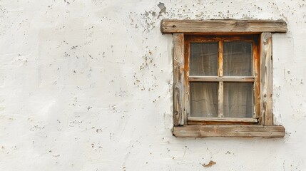 Poster - Rustic wooden window frame on white wall with copy space and selective focus