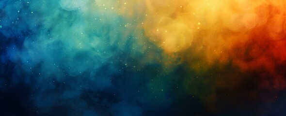 Wall Mural - The banner features a gradient of colors on a dark grainy background, rays of light, a red, green, yellow and blue color flow wave on black, and the banner is wide