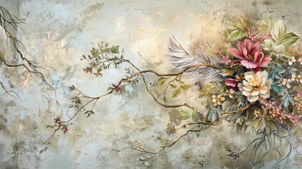 Wall Mural - Oil canvas art with vintage florals intertwined with natural branches and feathers.