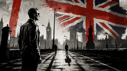 A man standing in front of a city skyline and an Britain flag. Illustration.