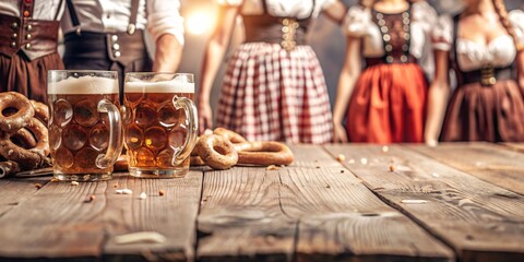 Background for a Banner on the Oktoberfest Theme. Warm, inviting scene at an Oktoberfest celebration showcasing frosty beer mugs, traditional Bavarian attire, and festive pretzels.