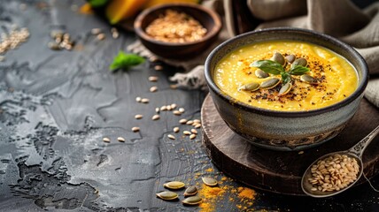 Wall Mural - Creamy pumpkin soup garnished with seeds, herbs in rustic bowl