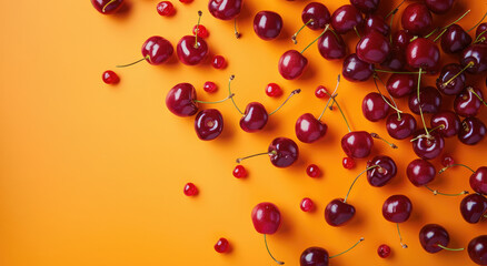 Wall Mural - Juicy red cherries scattered on orange background