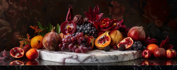 A luxurious fruit podium scene with a marble podium surrounded by a mix of exotic fruits. The background includes rich, dark colors and elegant floral accents.