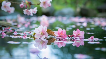 Wall Mural - Pink cherry blossoms reflected in serene pond with soft light