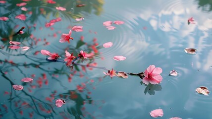 Wall Mural - Pink petals floating on serene blue water's surface