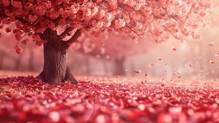 Wall Mural - Tree with vibrant pink blossoms shedding petals creating dreamy scene