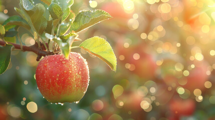 Wall Mural - A red apple hanging on a tree branch, covered with morning dew drops, illuminated by soft sunlight.