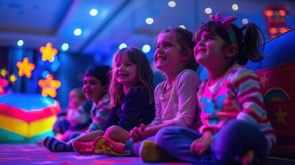 Group of children having fun in a neon-lit indoor playground, smiling and enjoying colorful lights and activities.