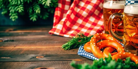 Background for a Banner on the Oktoberfest Theme.
Capturing the essence of Oktoberfest, this vibrant image showcases a frothy beer mug alongside traditional Bavarian pretzels on a rustic wooden table.