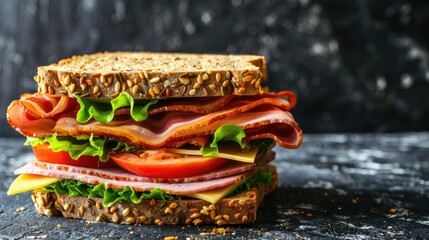 Sticker - Delicious sandwich with ham or bacon cheese tomatoes lettuce and whole grain bread on dark backgrounds A tasty option for club sandwich school lunch breakfast or snack