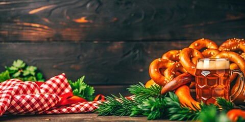 Background for a Banner on the Oktoberfest Theme.
Capturing the essence of Oktoberfest, this vibrant image showcases a frothy beer mug alongside traditional Bavarian pretzels on a rustic wooden table.