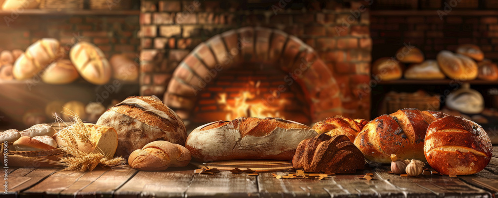 Bread bakery background with a rich, warm color palette, showcasing a ...