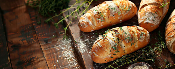 Bread bakery background with a dark, rustic table surface, highlighting golden-brown loaves of bread, fresh herbs, and a dusting of flour for contrast