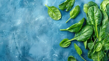 Wall Mural - Fresh spinach leaves on textured blue background