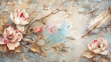 Wall Mural - Textured oil painting with vintage floral motifs and feather accents in contemporary style.