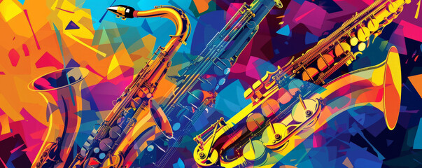 Dynamic jazz music background with bright, bold colors and explosive shapes. Abstract representations of instruments add to the high-energy feel.