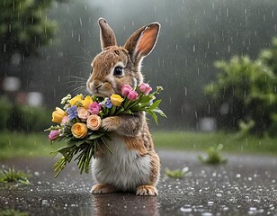 An adorable bunny offering a bouquet of flowers. 