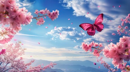 Poster - Elegant spring scene with pink butterfly cherry blossom and blue sky