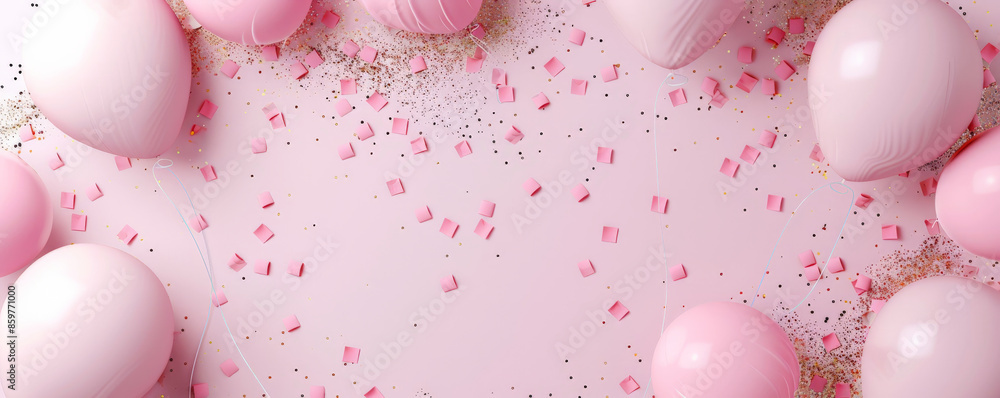 Mockup card birthday background with pastel pink confetti and balloons ...