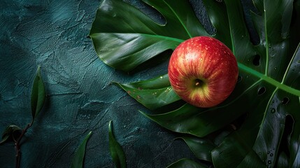 Sticker - Apple on tropical leaf with monstera plant on dark background in eco friendly image