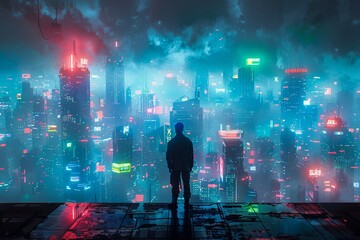 Wall Mural - a cyberpunk city backdrop at night with glowing vibrant colors.