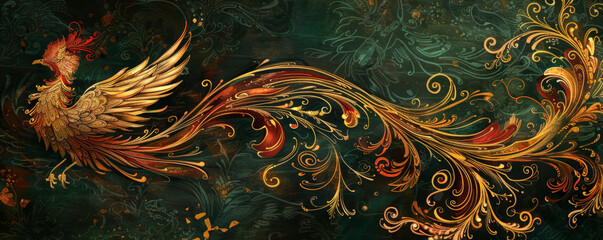 Phoenix bird background in a baroque art style, featuring the bird with elaborate, swirling feathers in gold and burgundy. The background is a richly textured dark green with ornate patterns
