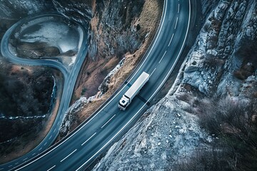 Wall Mural - Aerial view of a heavy truck on a narrow mountain road