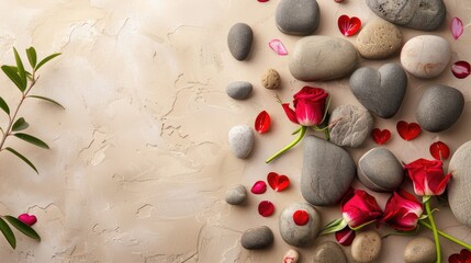 Valentine s Day celebration with natural spa stones on beige background