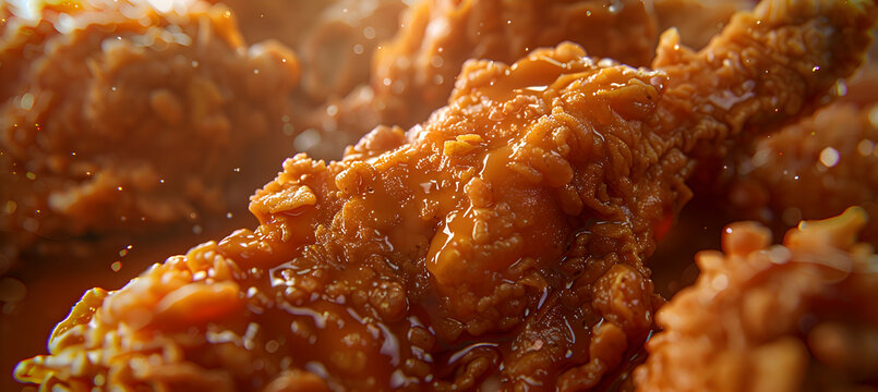 Close-up of fast food fried chicken showcasing detailed textures of the crispy skin and juicy meat