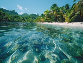 A view of a tropical seaside from the clear blue water. 