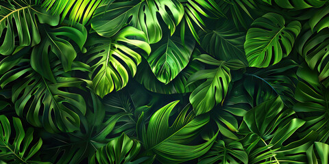 Wall Mural - Rainforest Leaves: Close-Up Texture of Exotic Rainforest Foliage, Featuring Rich Greenery and Diverse Leaf Shapes