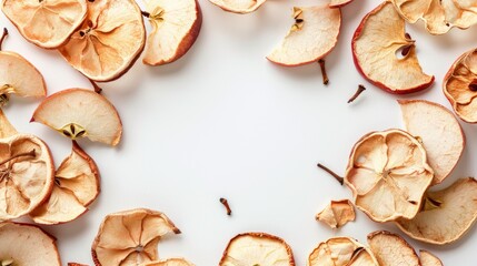 Canvas Print - Dried apple slices in circle on white background with space for text