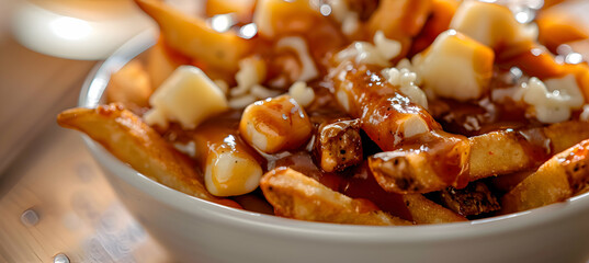 Wall Mural - Close-up of fast food poutine showcasing detailed textures of the crispy fries, melting cheese curds, and rich gravy