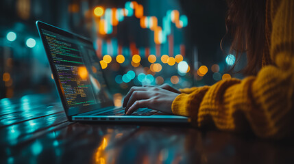Wall Mural - a woman is typing on a laptop in a yellow sweater. the image has a moody, somewhat dark atmosphere, 