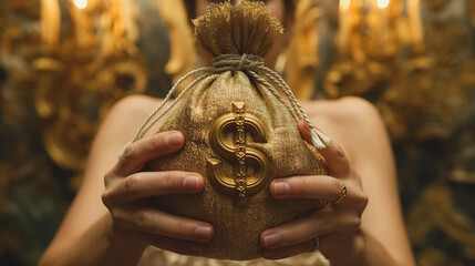 Two hands holding a burlap bag of money with a prominent dollar sign, tied securely with a string, set against a shimmering gold background to emphasize the concept of wealth.