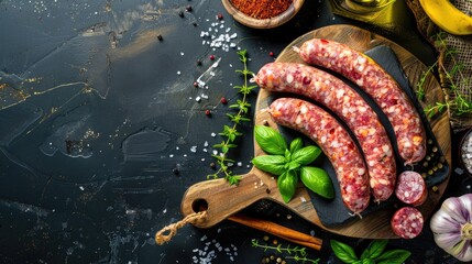 Wall Mural - Pork sausages and ingredients for cooking displayed on a chopping board with spices and herbs Top view on stone table