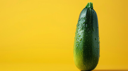 Poster - A fresh zucchini with water droplets against a vibrant yellow background, showcasing its freshness and green color.
