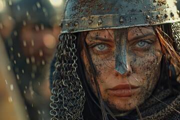 Portrait of a Slavic woman warrior in chain mail: depicting a strong and warlike figure reflecting the spirit and heritage of Slavic culture in its struggle and defense.