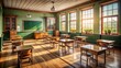 © DigitalArt Max - Traditional school classroom interior with wooden floor, old-fashioned desks, green chalkboard, and wooden chair, evoking nostalgia and classic learning atmosphere.,hd,8k.