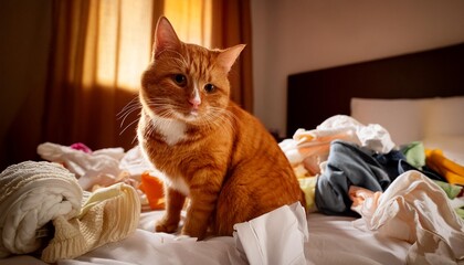 Wall Mural - grumpy ginger cat sat on messy bed
