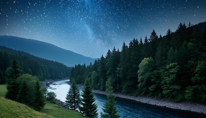 Wall Mural - dark landscape showing river forest and stars in the night sky