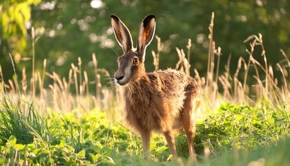 brown hare lepus europaeus standing in grassland in morning light uk june