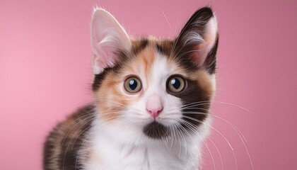 Wall Mural - calico tri colour cat kitten pink background studio headshot eye contact