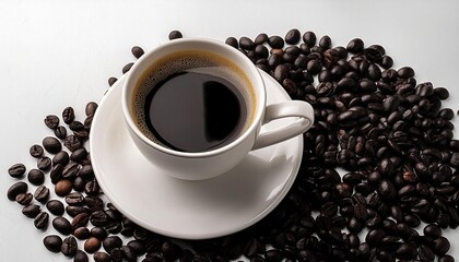 Wall Mural - white cup with black coffee on a saucer isolated on a white background