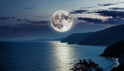 Wall Mural - romantic and scenic panorama with full moon on sea to night