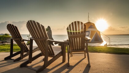 Wall Mural - adirondack beach chairs on a sun beach in front of a holiday vac