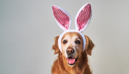 Poster - happy golden retriever dog bunny dressed ears rabbit easter holiday on white gray background isolated