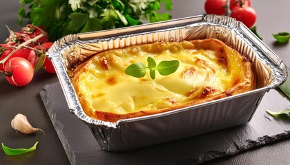 Poster - baked cheese dish in disposable rectangular tin paper aluminum foil bowl close view